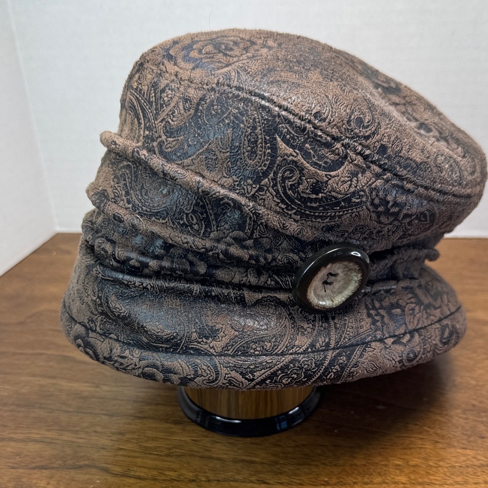 Parkhurst Faux Leather Fur Tooled Antiqued Paisley Winter Hat, Made in Canada